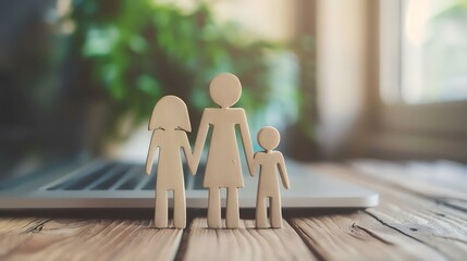 Wooden family figures on laptop, home office, plant background, insurance concept