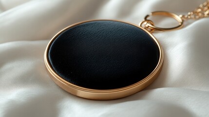 Elegant Black Circular Pendant on Soft White Fabric Background