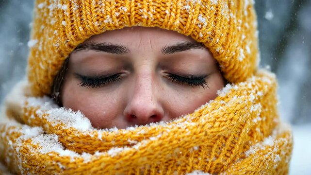 Young woman bundled up in a yellow scarf and knit hat on a snowy day. Close-up portrait with frosty background. High quality 4k footage