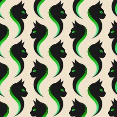 Black stylized cats with green eyes on beige background. Vector seamless pattern. 
