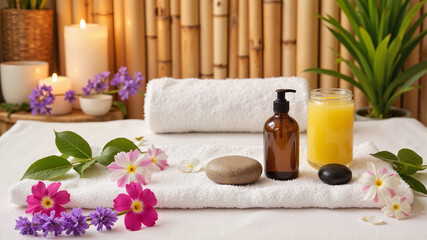Spa and Wellness Setting with Towels, Flowers, and Massage Oil