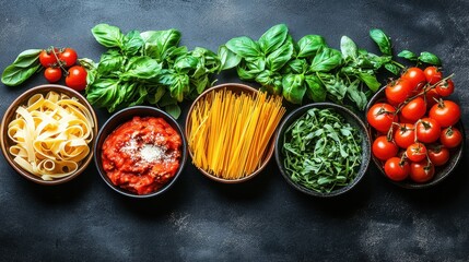 A row of bowls with various types of pasta and vegetables. The bowls are arranged in a line, with the first bowl on the left containing spaghetti and marinara sauce