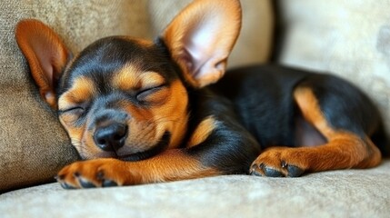 A small brown and black dog is sleeping on a couch. The dog is curled up and has its eyes closed