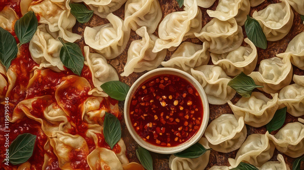 Poster close-up overhead shot of various dumplings with chili sauce and basil.