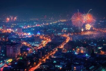 Hyderabad city illuminated with Diwali fireworks in India.