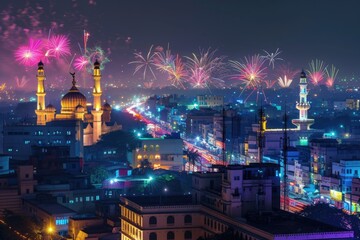 Fototapeta premium Hyderabad city illuminated with Diwali fireworks in India.