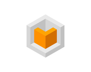 Modern abstract isometric design featuring a vibrant orange cube within a gray hexagonal frame.  Perfect for tech, corporate, or app branding, presentations, and website design.