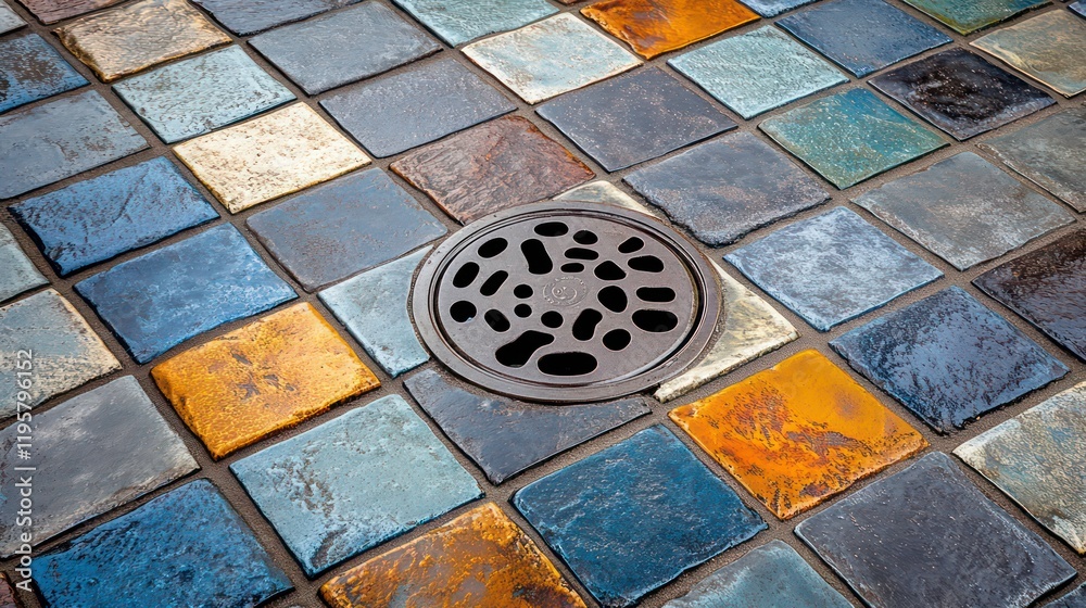 Poster close-up of a dark brown drain cover set in a mosaic of colorful square tiles.