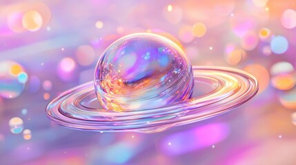 Iridescent glass planet with rings in pastel nebula.