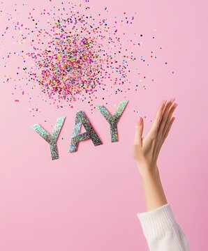 hands waving at silver sign YAY against pink background with colorful confetti