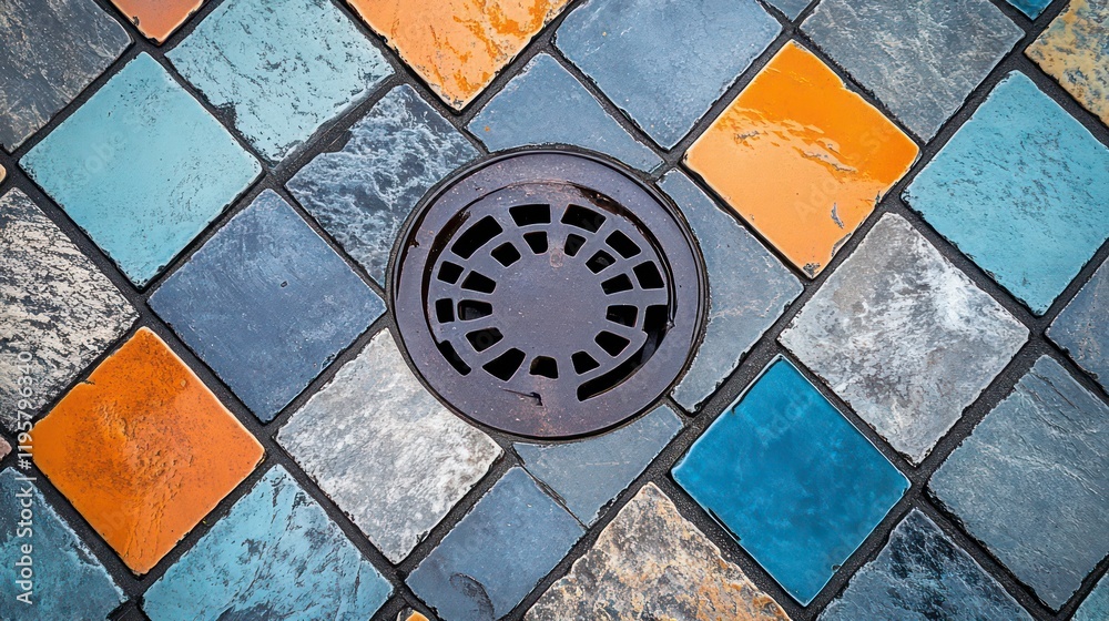 Poster close-up view of a dark metal drain cover set within a colorful diamond pattern tile floor.