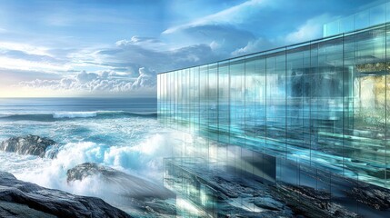 Glass house on ocean cliff with crashing waves.