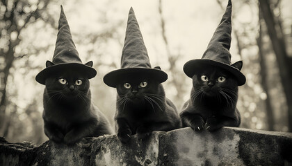 Black and white vintage horror photo of three black cats wearing witch hats sitting on a graveyard wall, Halloween concept