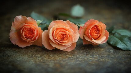 Three orange roses are arranged in a row on a stone surface. The roses are the main focus of the image, and they appear to be the most prominent and beautiful part of the scene