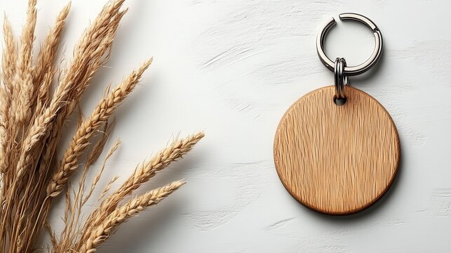 Natural Wood Keychain on Light Surface with Dried Grasses Arrangement