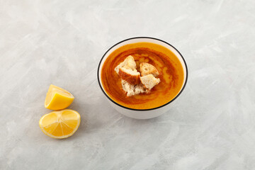 Creamy vegetable lentil soup, also known as Mercimek corbasi or fried soup. Traditional turkish cuisine