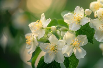 Fototapeta premium Close up of delicate white jasmine flowers, capturing the essence of spring with soft sunlight filtering through the petals
