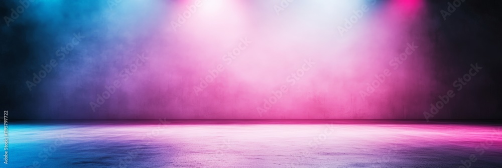 Poster blue and pink neon lights are illuminating smoke or fog in an empty concrete room, creating a vibran