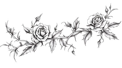Monochrome rose vine tattoo design, isolated, white background, floral art