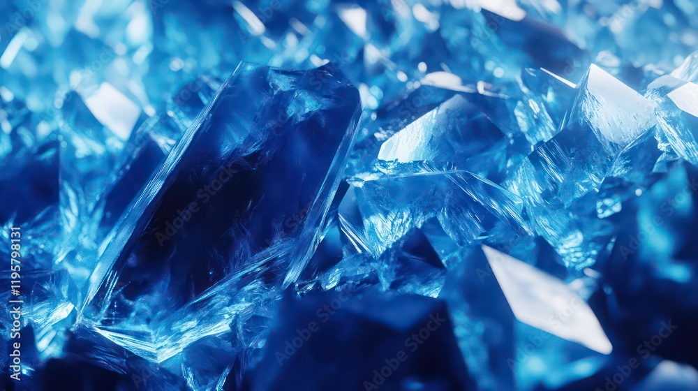 Poster close-up of vibrant blue crystals, showcasing their sharp edges and translucent texture.