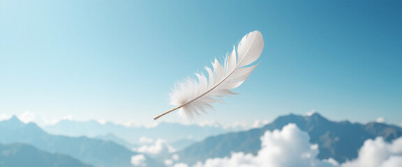 Floating white feather against a serene blue sky and mountainous backdrop, symbolizing peace and emotional intelligence