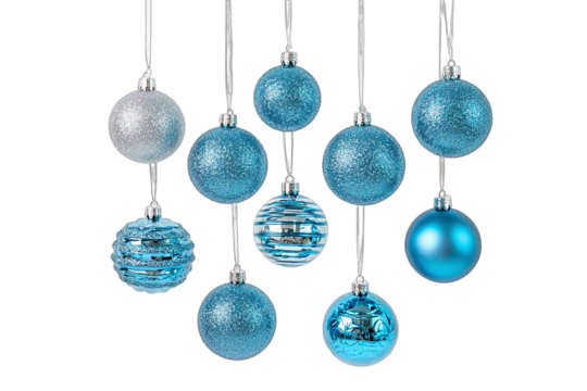 blue ornaments hanging from silver balls on a transparent background PNG image, PNG file, Generative art.