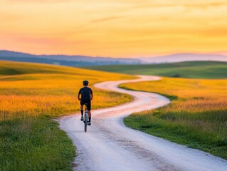 Obraz premium A cyclist rides along a winding path at sunset, surrounded by golden fields and serene countryside scenery.