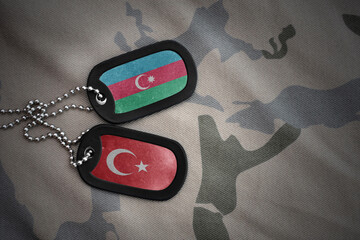 vintage army blank, dog tag with flag of azerbaijan and turkey on the khaki texture background....