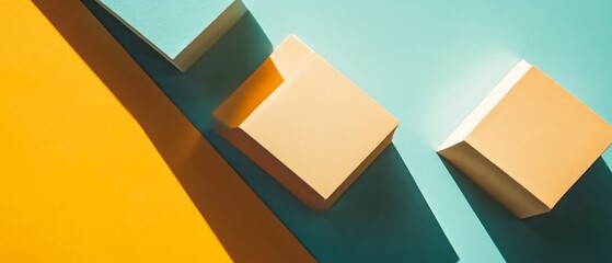 Bright flat lay banner template featuring geometric shapes and minimalist design with dynamic colors