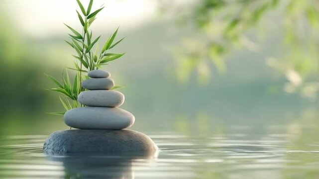 Beautiful green nature background for spa accented by solar lighting, with balanced stones and bamboo