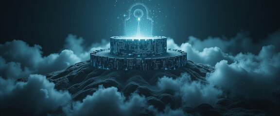 Digital fortress representing cybersecurity concerns illuminated against a dark, cloudy background with glowing elements and a keyhole symbolizing protection and safety