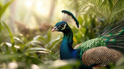 Obraz premium Peacock in lush foliage, jungle habitat