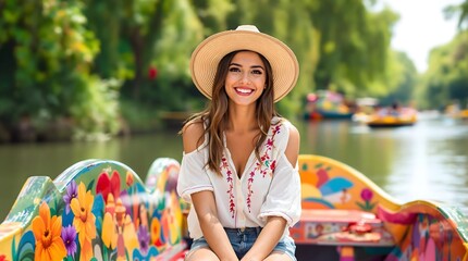 Smiling Tourist Enjoying a Vibrant Boat Ride Through Mexico City’s Xochimilco Canals, Surrounded by Floating Gardens (Travel)
