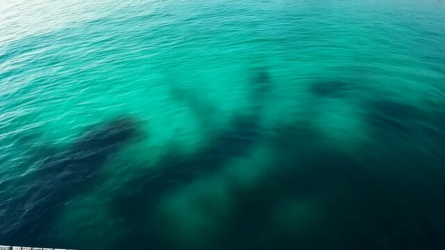 Calm turquoise waters reveal mysterious shadows beneath the surface in a coastal setting at midday