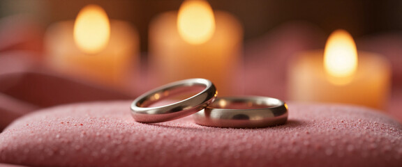 Two elegant wedding rings resting on a soft pink cushion surrounded by warm candlelight, exuding romance and intimacy, symbolizing enduring love and commitment