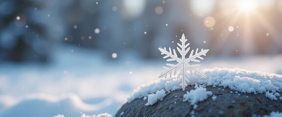 "Delicate snowflake resting on a snowy stone illuminated by soft sunlight in a serene winter landscape"