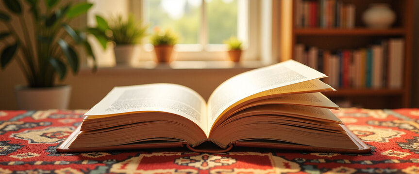 Open book resting on a colorful rug in a warm, inviting room, conveying a sense of knowledge and exploration, surrounded by lush green plants and soft natural light