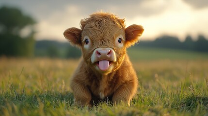 Fototapeta premium Charming Baby Highland Cow Sticking Out Tongue, Natural Light, 魅力的なハイランドの仔牛が舌を出す自然光の写真.Generative AI