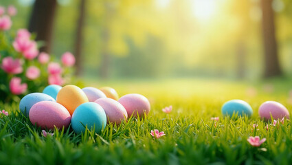 Fototapeta premium Multicolored Easter eggs lie on the green grass. Easter, the egg hunt.