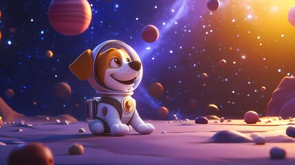 Space background for kids with planets and stars and pet dog astronaut, cartoon illustration