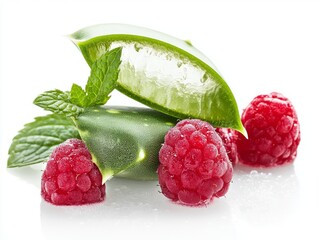 Sliced aloe vera leaves with fresh raspberries and mint leaves creating a refreshing composition