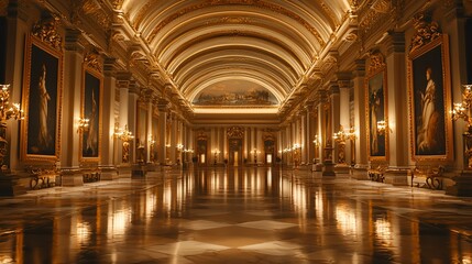 Naklejka premium Grand opulent hall with gold detailing, paintings, and polished floors.