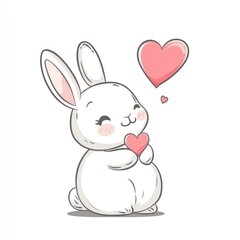 Obraz premium White rabbit holding heart, with pink heart floating, plain background, use for greetings