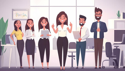 Naklejka premium Businesswoman gesturing thumbs-up standing with joyful employees' team in the office