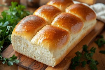 Naklejka premium Freshly baked homemade bread buns on wooden plate with ingredients around, pastry and baking concept.
