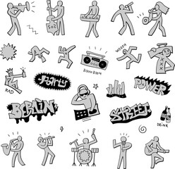 Music party dancing characters graffiti lettering  hand drawn doodles vector background