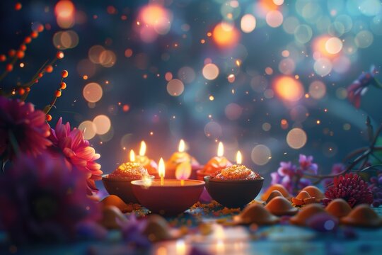 Happy Diwali Greeting Card made using sweets  or fire crackers or Diya or flowers  selective focus
