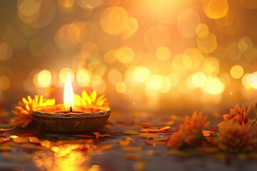A beautiful golden Diwali Lamp and flower background with clear space for headline and text.