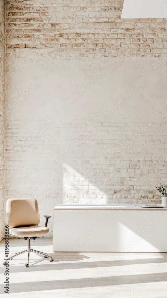 Poster sunlight streaming through a window brightens a modern minimalist office with a white desk, beige er