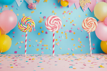 The image features a festive setup with three large, multi-colored swirled lollipops standing against a blue background adorned with confetti and balloons in shades of pink, yellow, and blue